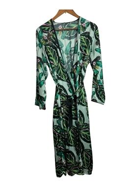 Lobo Rosa Green Tropical Leaf Jungle Monkey Satin Wrap Kimono One Size?